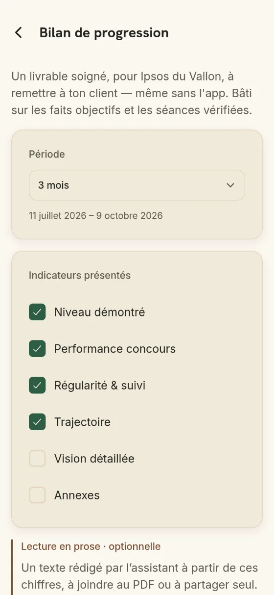 Le bilan de progression d’Ipsos du Vallon : la période et les indicateurs à présenter, avant de générer le PDF.